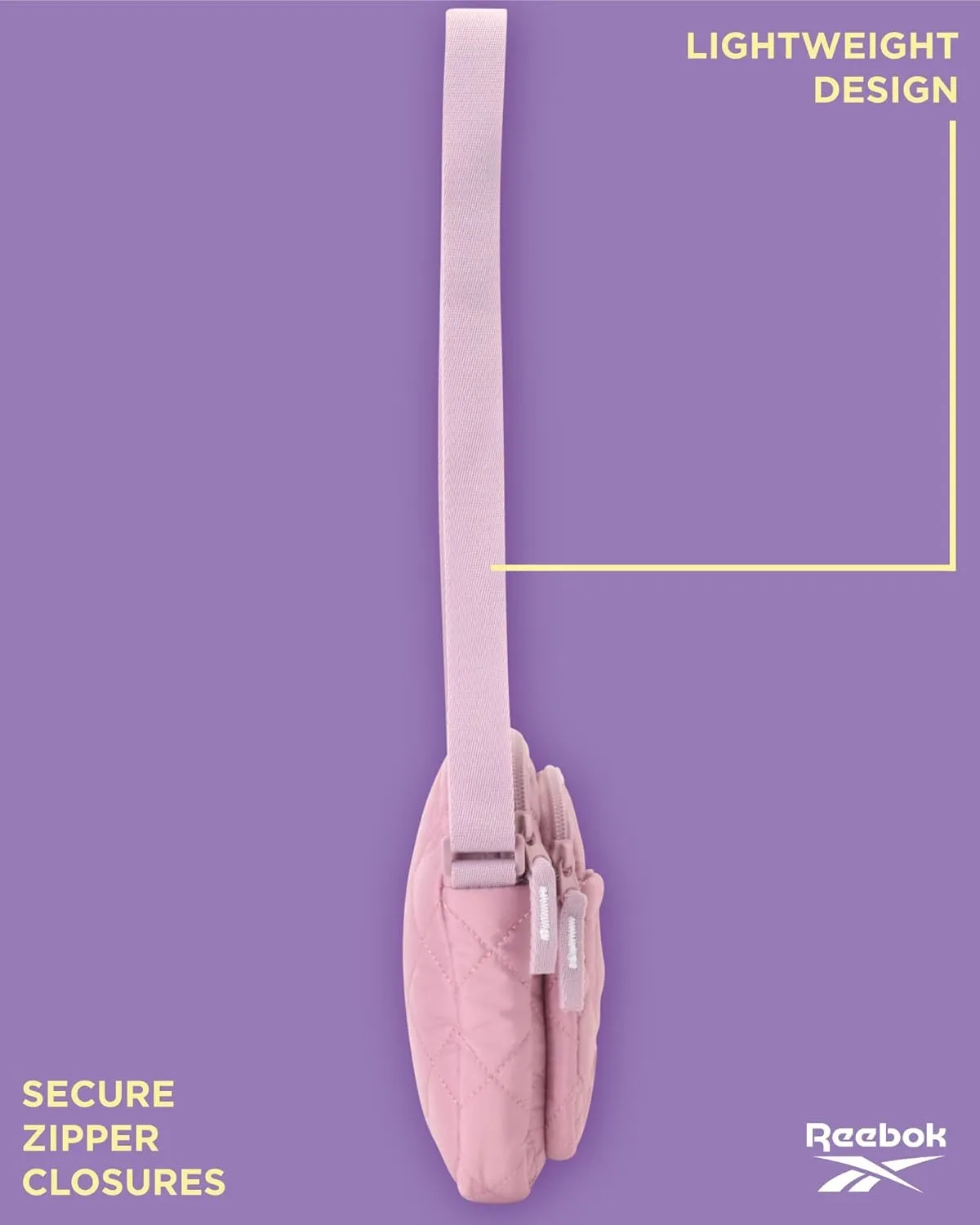 Reebok Women's Crossbody Bag - Quilted Nylon Sling Bag Travel Purse with Adjustable Strap and Secure Zipper Closures