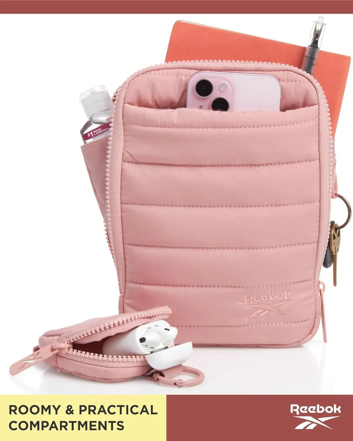 Reebok Women's Crossbody Bag - Quilted Nylon Sling Bag Travel Purse with Adjustable Strap and Secure Zipper Closures