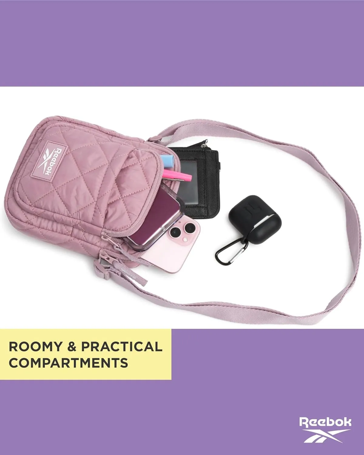 Reebok Women's Crossbody Bag - Quilted Nylon Sling Bag Travel Purse with Adjustable Strap and Secure Zipper Closures