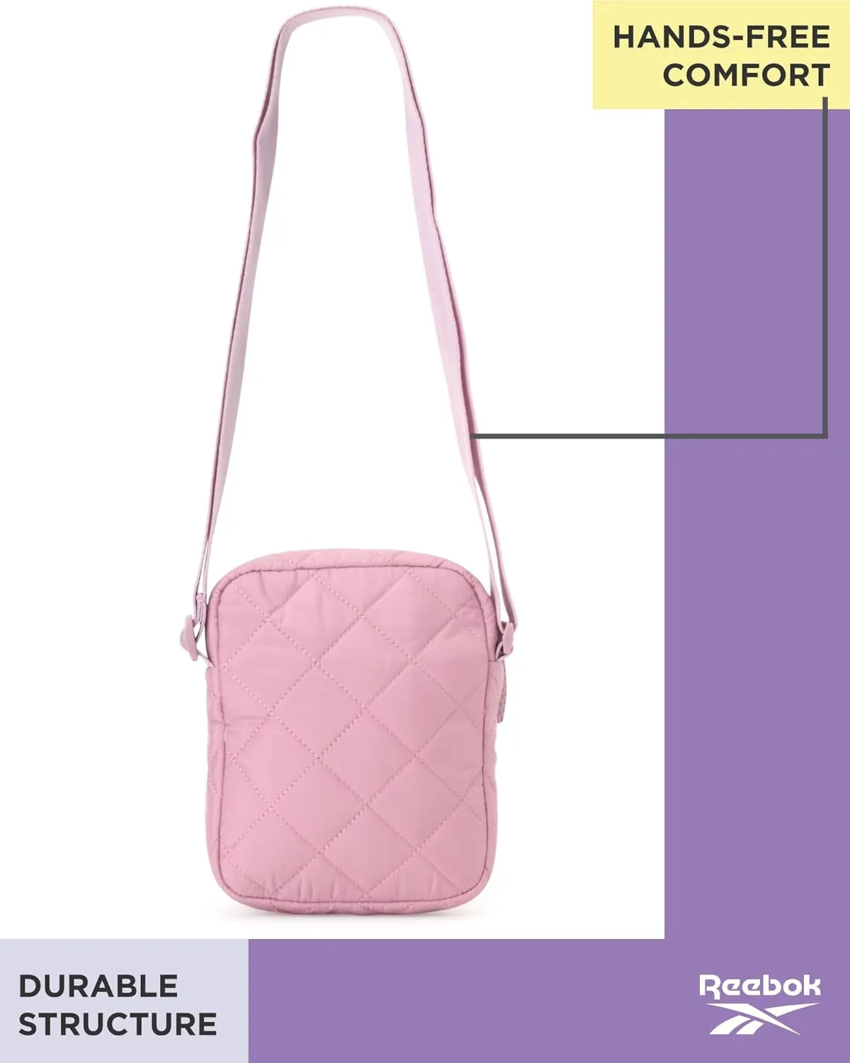 Reebok Women's Crossbody Bag - Quilted Nylon Sling Bag Travel Purse with Adjustable Strap and Secure Zipper Closures