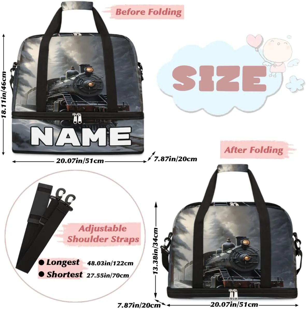 Retro Steam Trains Custom Foldable Duffle Bag with Shoes Compartment Personalized Large Capacity Waterproof Travel Weekender Bag Overnight Bag for Sports Gym