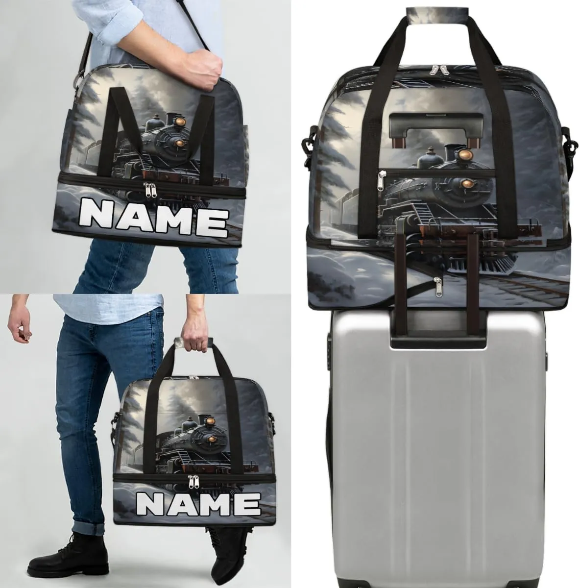 Retro Steam Trains Custom Foldable Duffle Bag with Shoes Compartment Personalized Large Capacity Waterproof Travel Weekender Bag Overnight Bag for Sports Gym