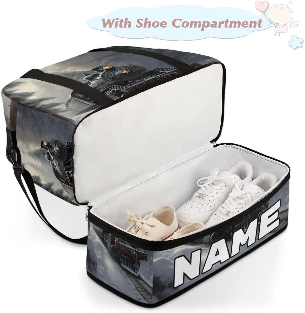 Retro Steam Trains Custom Foldable Duffle Bag with Shoes Compartment Personalized Large Capacity Waterproof Travel Weekender Bag Overnight Bag for Sports Gym