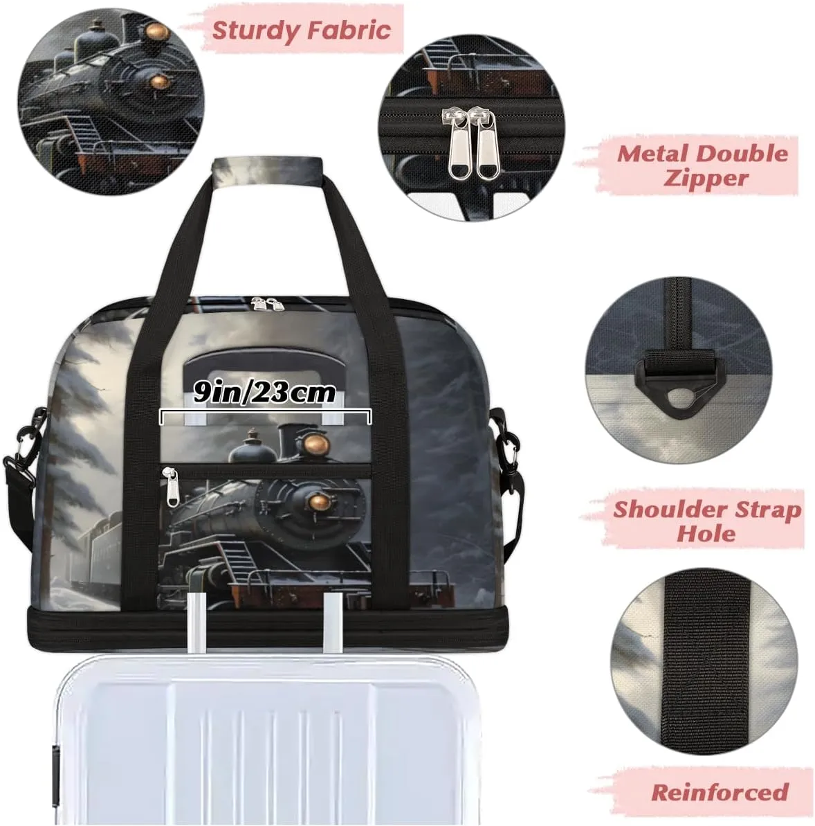 Retro Steam Trains Custom Foldable Duffle Bag with Shoes Compartment Personalized Large Capacity Waterproof Travel Weekender Bag Overnight Bag for Sports Gym