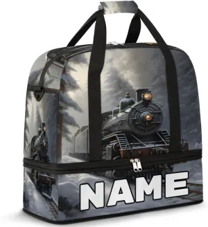 Retro Steam Trains Custom Foldable Duffle Bag with Shoes Compartment Personalized Large Capacity Waterproof Travel Weekender Bag Overnight Bag for Sports Gym