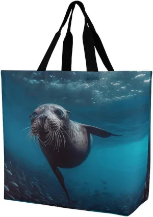 Reusable Grocery Bags Underwater Sea Lion Shopping Bag Lightweight Shoulder Bags Large Tote Bag for Travel Work Handbag