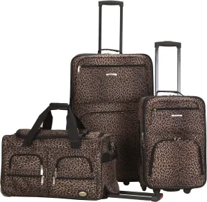 Rockland Vara Softside 3-Piece Upright Luggage Set, Expandable,Lightweight,Telescopic Handle,Wheel, Leopard, (20/22/28)