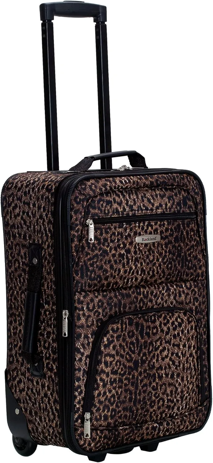 Rockland Vara Softside 3-Piece Upright Luggage Set, Expandable,Lightweight,Telescopic Handle,Wheel, Leopard, (20/22/28)