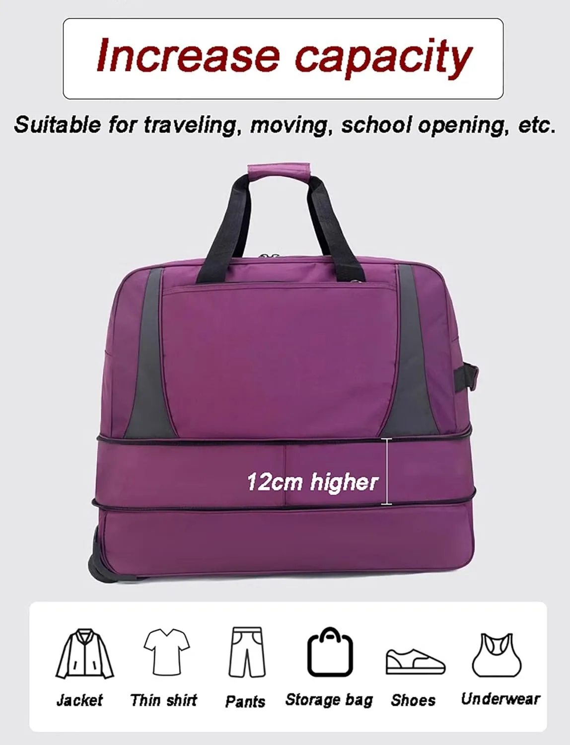 Rolling Duffle Bag, Wheeled Duffle Bag Large Capacity Foldable Travel Luggage with Telescopic Handle, Waterproof Overnight Bag for Travel, Gym, Yoga(Black,Medium)