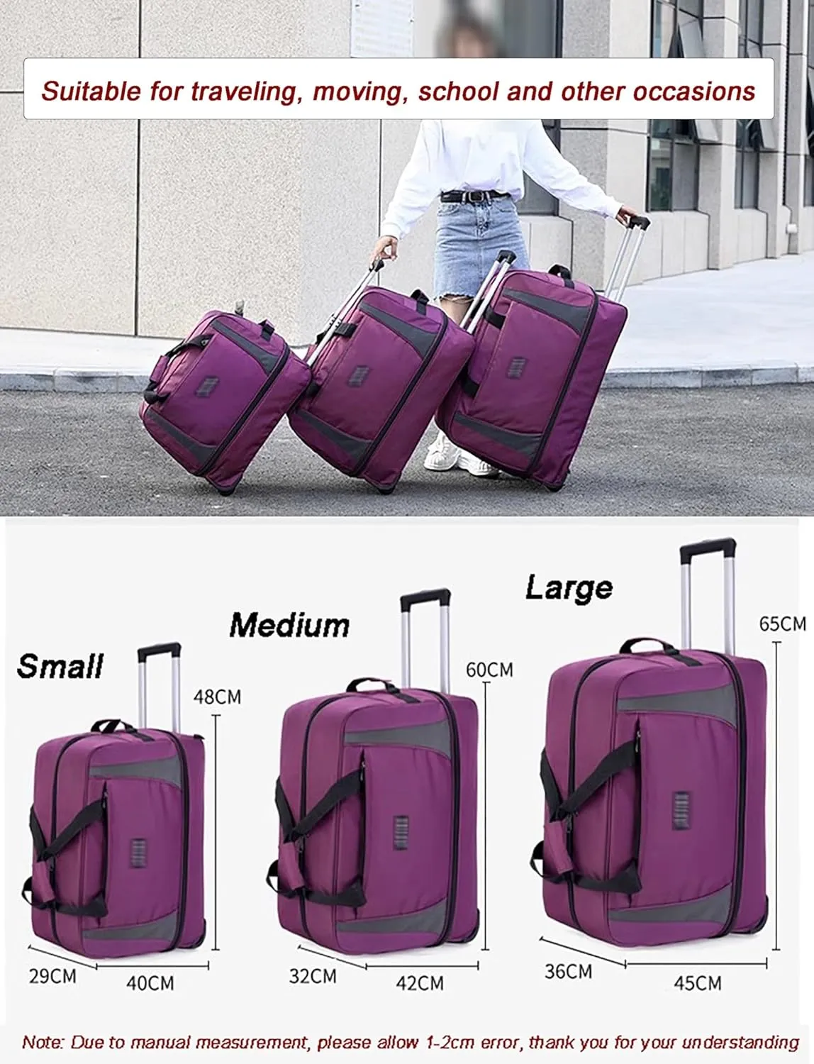 Rolling Duffle Bag, Wheeled Duffle Bag Large Capacity Foldable Travel Luggage with Telescopic Handle, Waterproof Overnight Bag for Travel, Gym, Yoga(Black,Medium)
