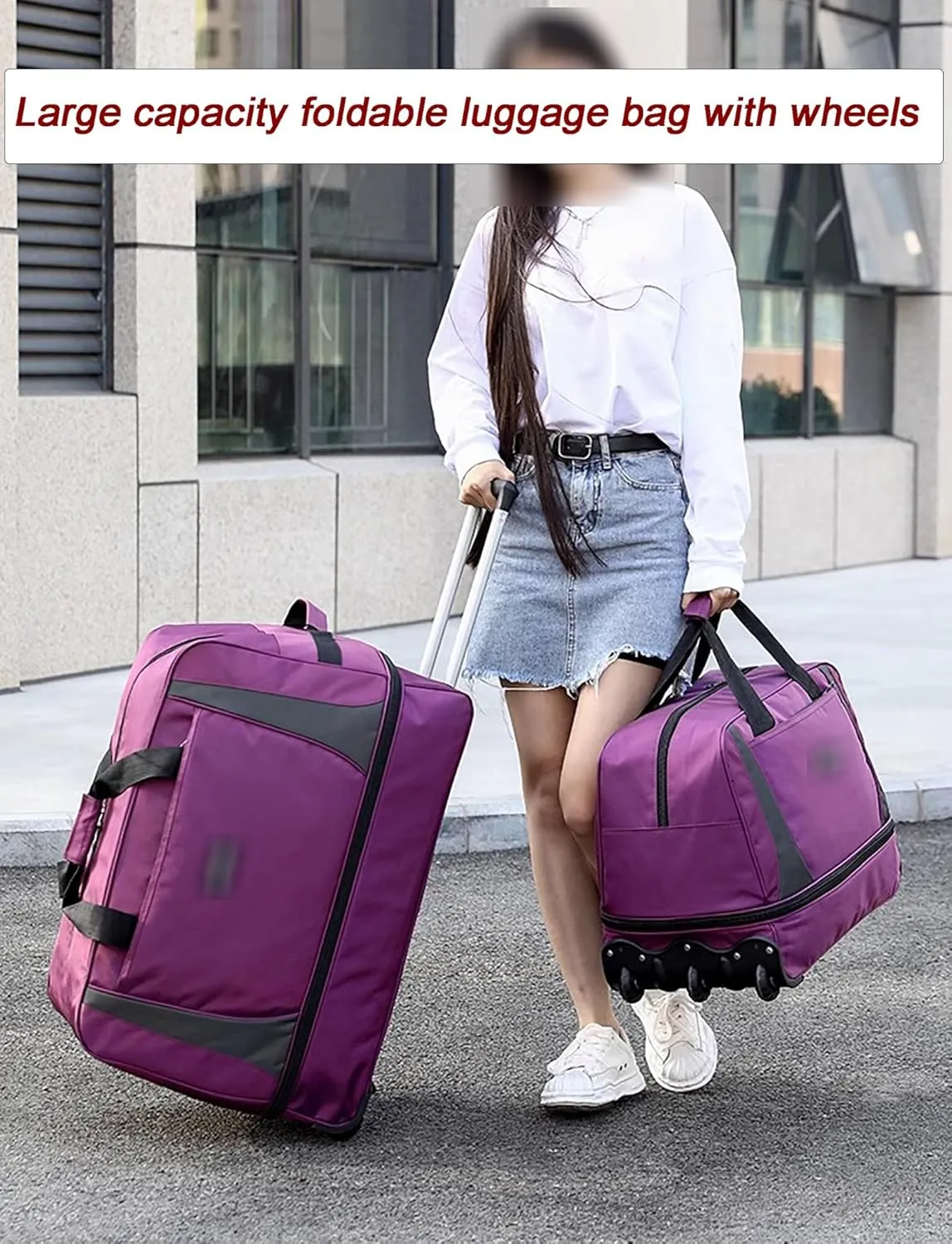Rolling Duffle Bag, Wheeled Duffle Bag Large Capacity Foldable Travel Luggage with Telescopic Handle, Waterproof Overnight Bag for Travel, Gym, Yoga(Black,Medium)