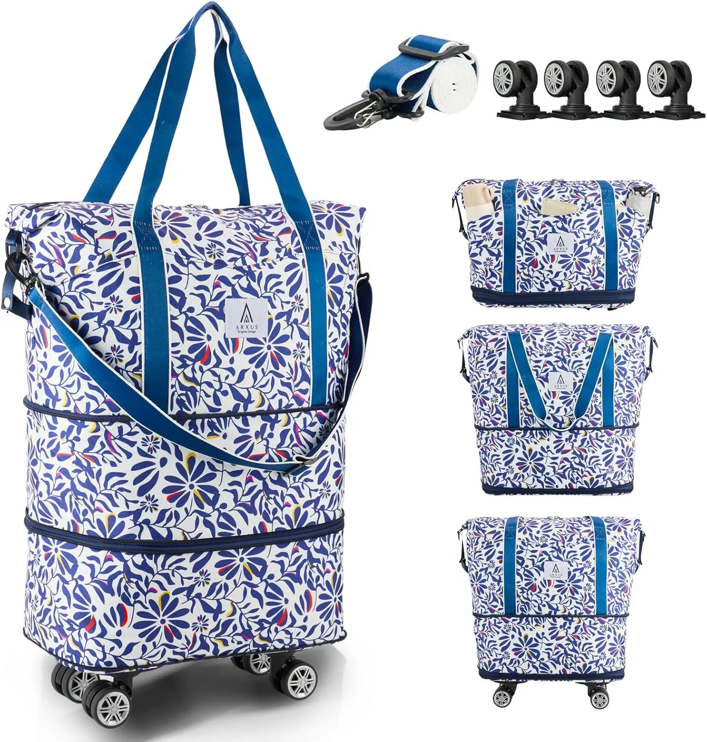 Rolling Duffle Bag with Detachable Wheels and Adjustable Shoulder Strap, Large Expandable Foldable Carry On Luggage Bag with Handle and Suitcase Sleeve, Weekend Travel Airplane 25L-55L