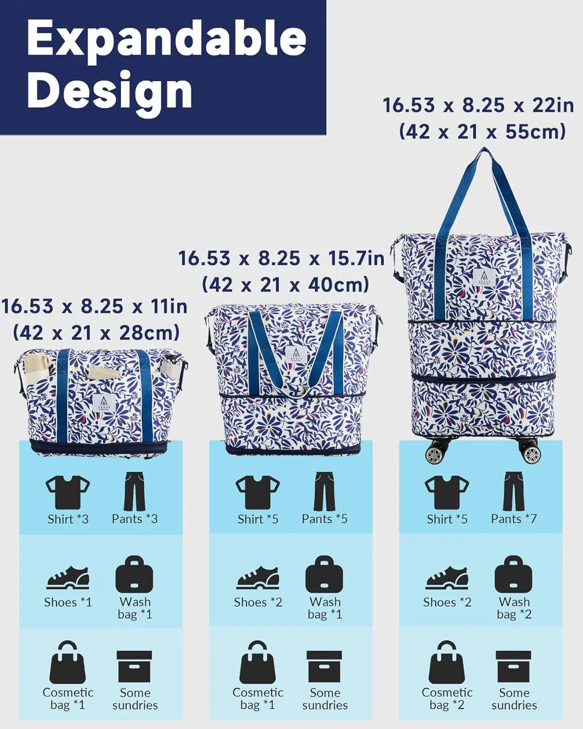 Rolling Duffle Bag with Detachable Wheels and Adjustable Shoulder Strap, Large Expandable Foldable Carry On Luggage Bag with Handle and Suitcase Sleeve, Weekend Travel Airplane 25L-55L