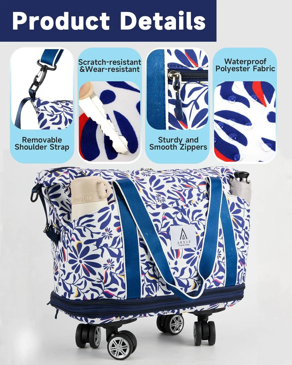 Rolling Duffle Bag with Detachable Wheels and Adjustable Shoulder Strap, Large Expandable Foldable Carry On Luggage Bag with Handle and Suitcase Sleeve, Weekend Travel Airplane 25L-55L
