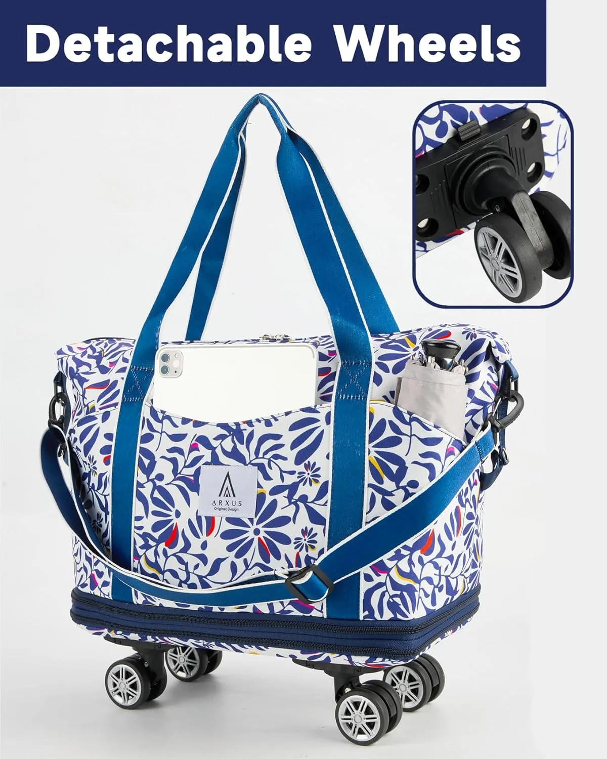 Rolling Duffle Bag with Detachable Wheels and Adjustable Shoulder Strap, Large Expandable Foldable Carry On Luggage Bag with Handle and Suitcase Sleeve, Weekend Travel Airplane 25L-55L