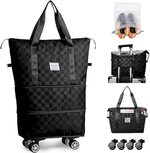 Rolling Duffle Bag with Wheels and Shoe Bag Expandable Foldable Travel Duffel Bag Carry on Luggage Bag Portable Weekender Bag(Black)