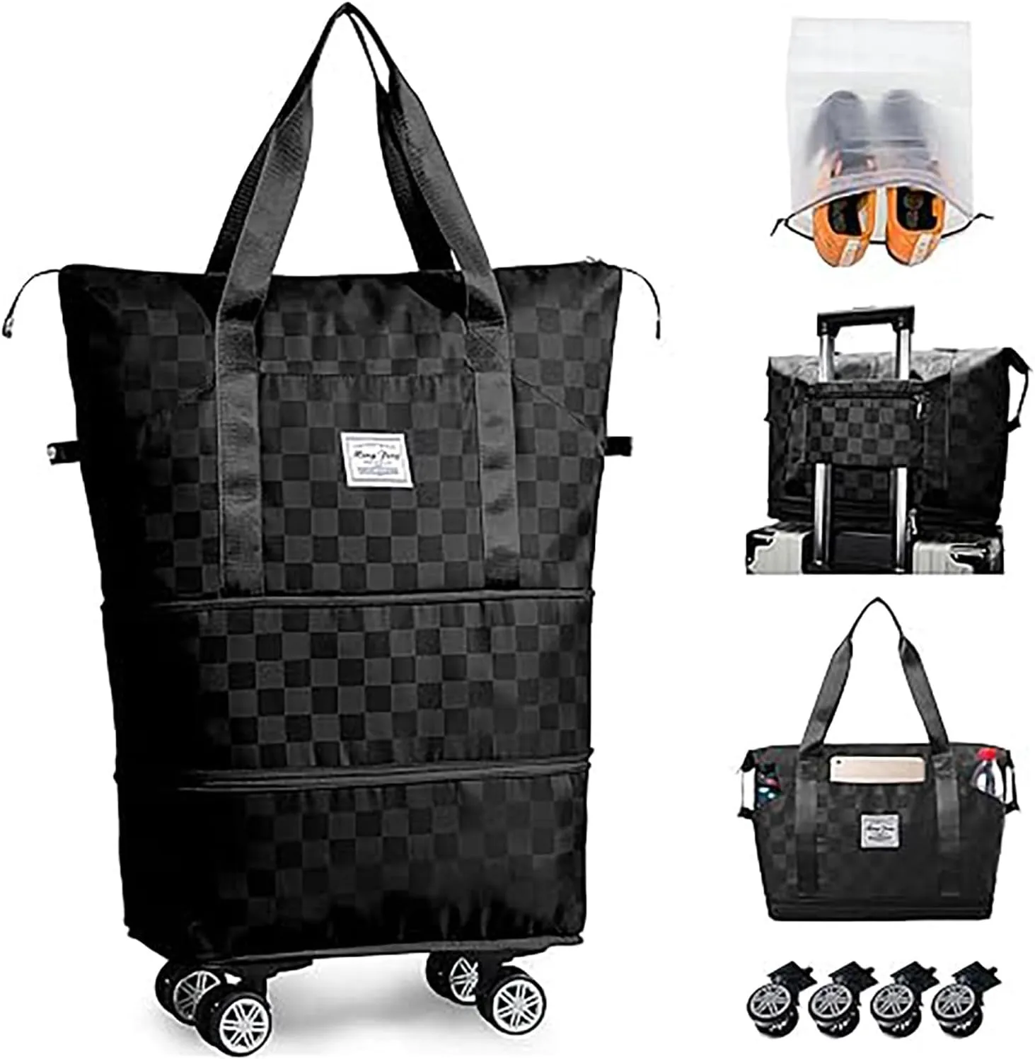 Rolling Duffle Bag with Wheels and Shoe Bag Expandable Foldable Travel Duffel Bag Carry on Luggage Bag Portable Weekender Bag(Black)