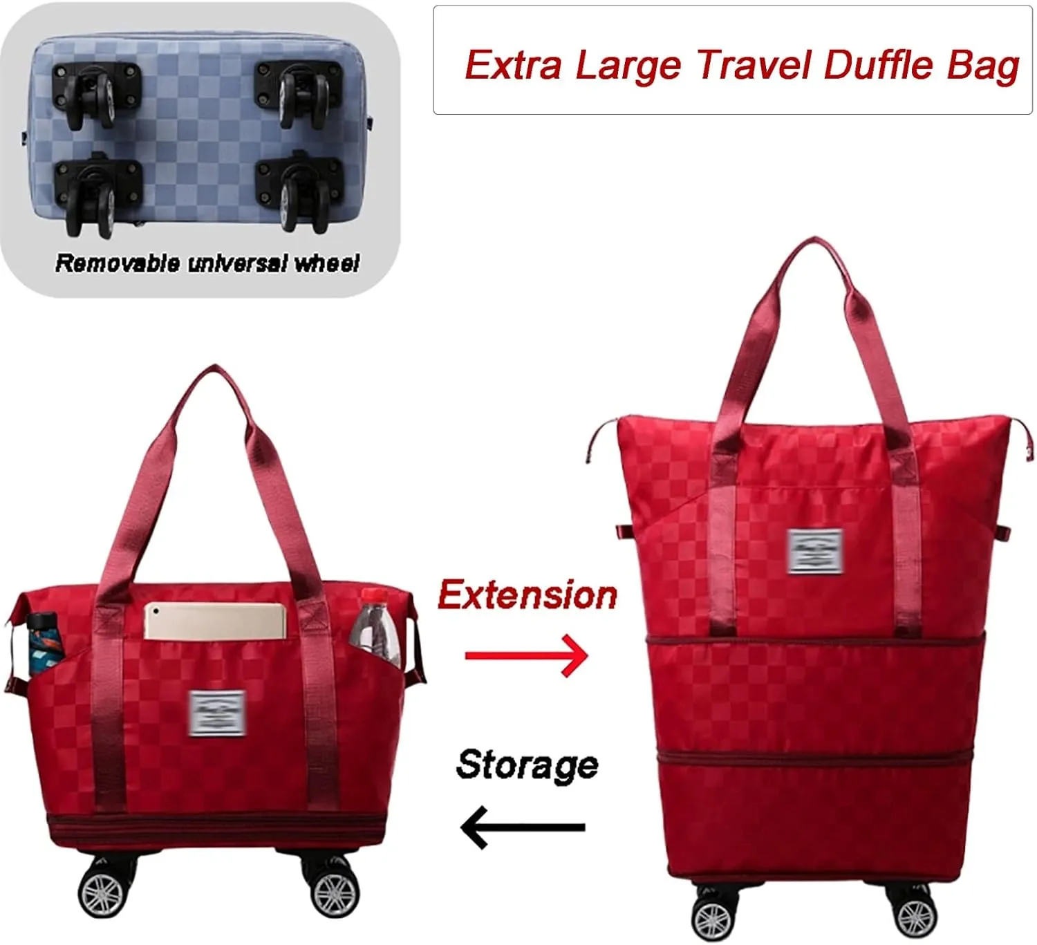 Rolling Duffle Bag with Wheels and Shoe Bag Expandable Foldable Travel Duffel Bag Carry on Luggage Bag Portable Weekender Bag(Black)