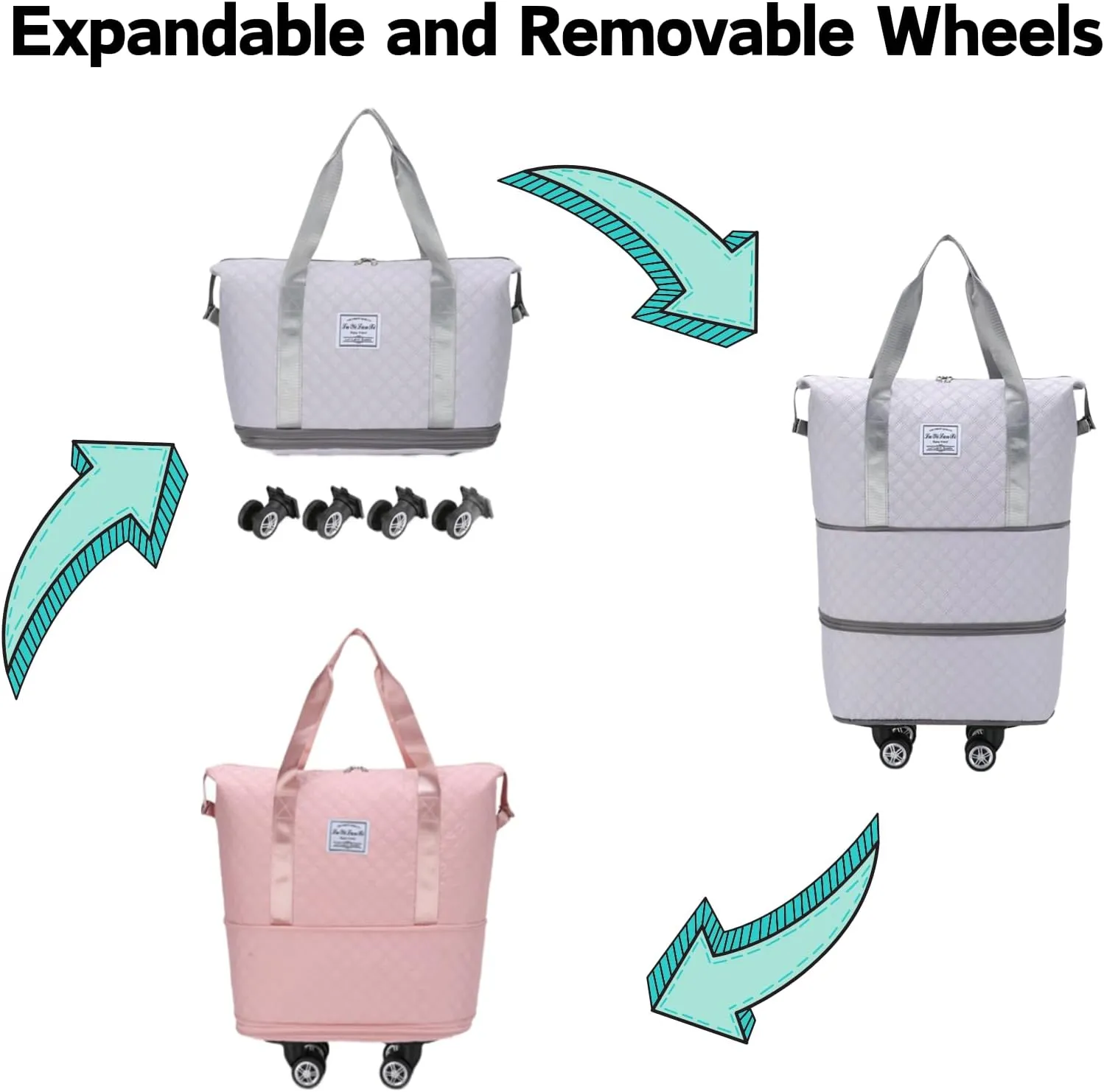 Rolling Duffle Bag with Wheels, Expandable Travel Duffel Bag with Detachable Spinner Wheels & Wet Pocket, Large Waterproof Travel Tote Bags Carry On Overnight Bag Hospital Bag Pink