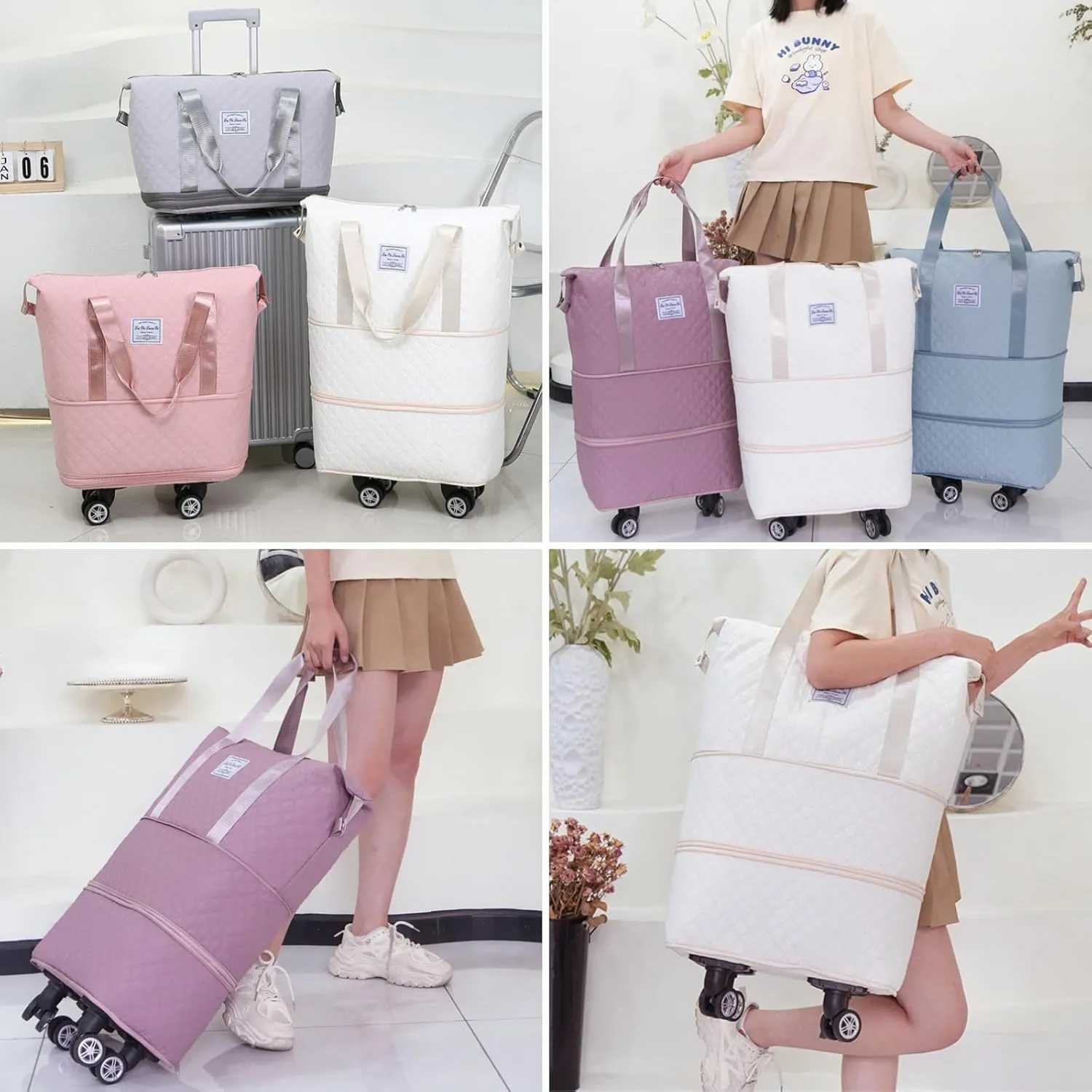Rolling Duffle Bag with Wheels, Expandable Travel Duffel Bag with Detachable Spinner Wheels & Wet Pocket, Large Waterproof Travel Tote Bags Carry On Overnight Bag Hospital Bag Pink