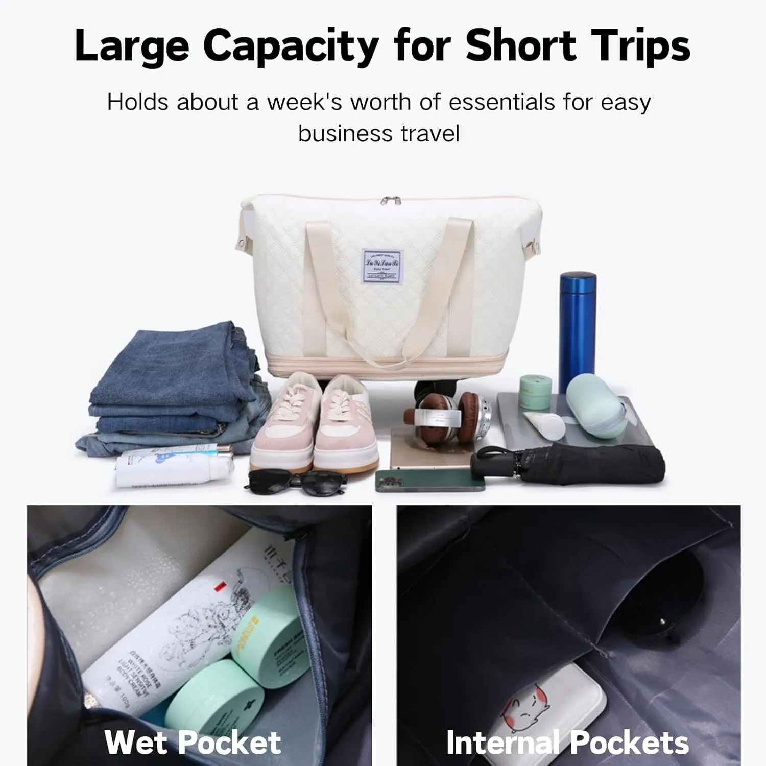 Rolling Duffle Bag with Wheels, Expandable Travel Duffel Bag with Detachable Spinner Wheels & Wet Pocket, Large Waterproof Travel Tote Bags Carry On Overnight Bag Hospital Bag Pink