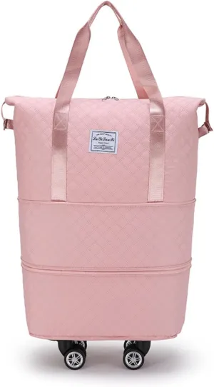 Rolling Duffle Bag with Wheels, Expandable Travel Duffel Bag with Detachable Spinner Wheels & Wet Pocket, Large Waterproof Travel Tote Bags Carry On Overnight Bag Hospital Bag Pink