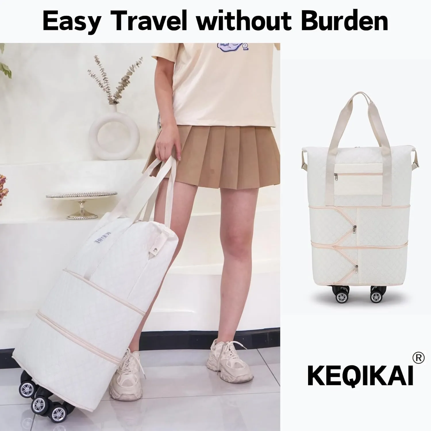 Rolling Duffle Bag with Wheels, Expandable Travel Duffel Bag with Detachable Spinner Wheels & Wet Pocket, Large Waterproof Travel Tote Bags Carry On Overnight Bag Hospital Bag Pink