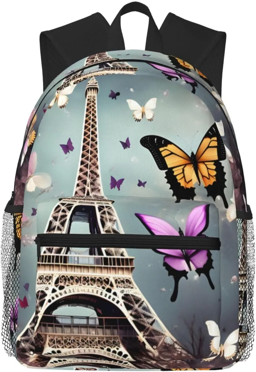 Romantic Paris Butterfly Eiffel print Lightweight duffel bag, travel hiking daypack, comfortable backpack, sports bag