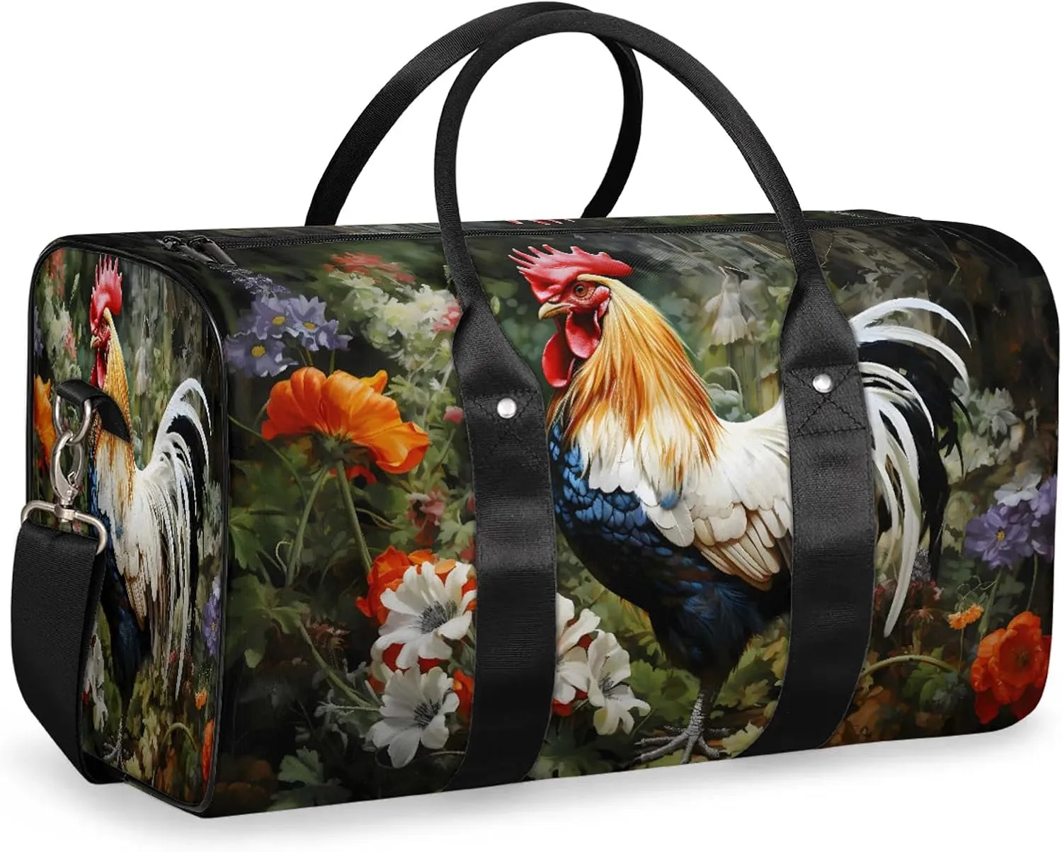 Rooster Spring Flowers Travel Duffle Bag, Sports Gym Bags for Women Men, Carry On Weekender Overnight Workout Airplane Trips Bag