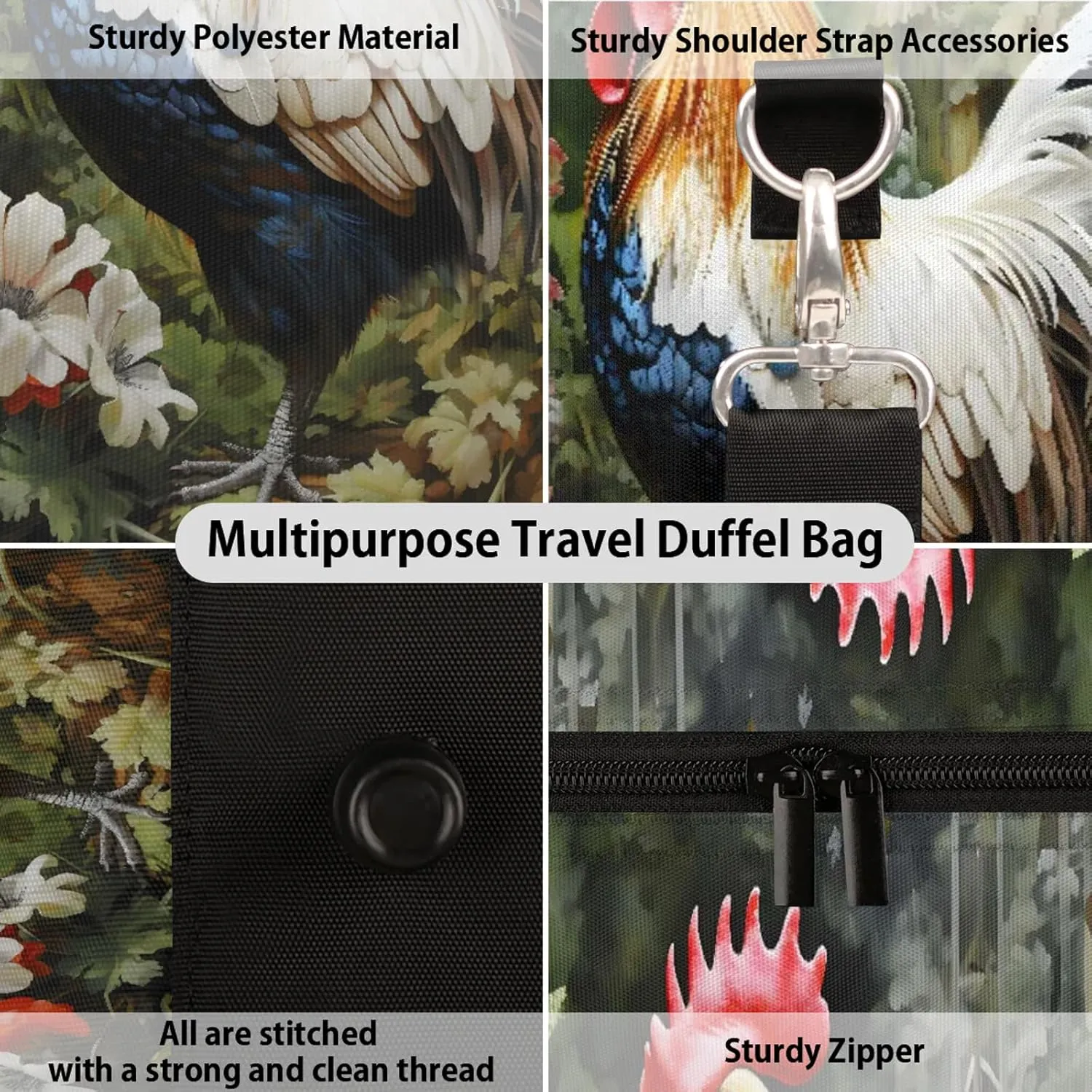 Rooster Spring Flowers Travel Duffle Bag, Sports Gym Bags for Women Men, Carry On Weekender Overnight Workout Airplane Trips Bag
