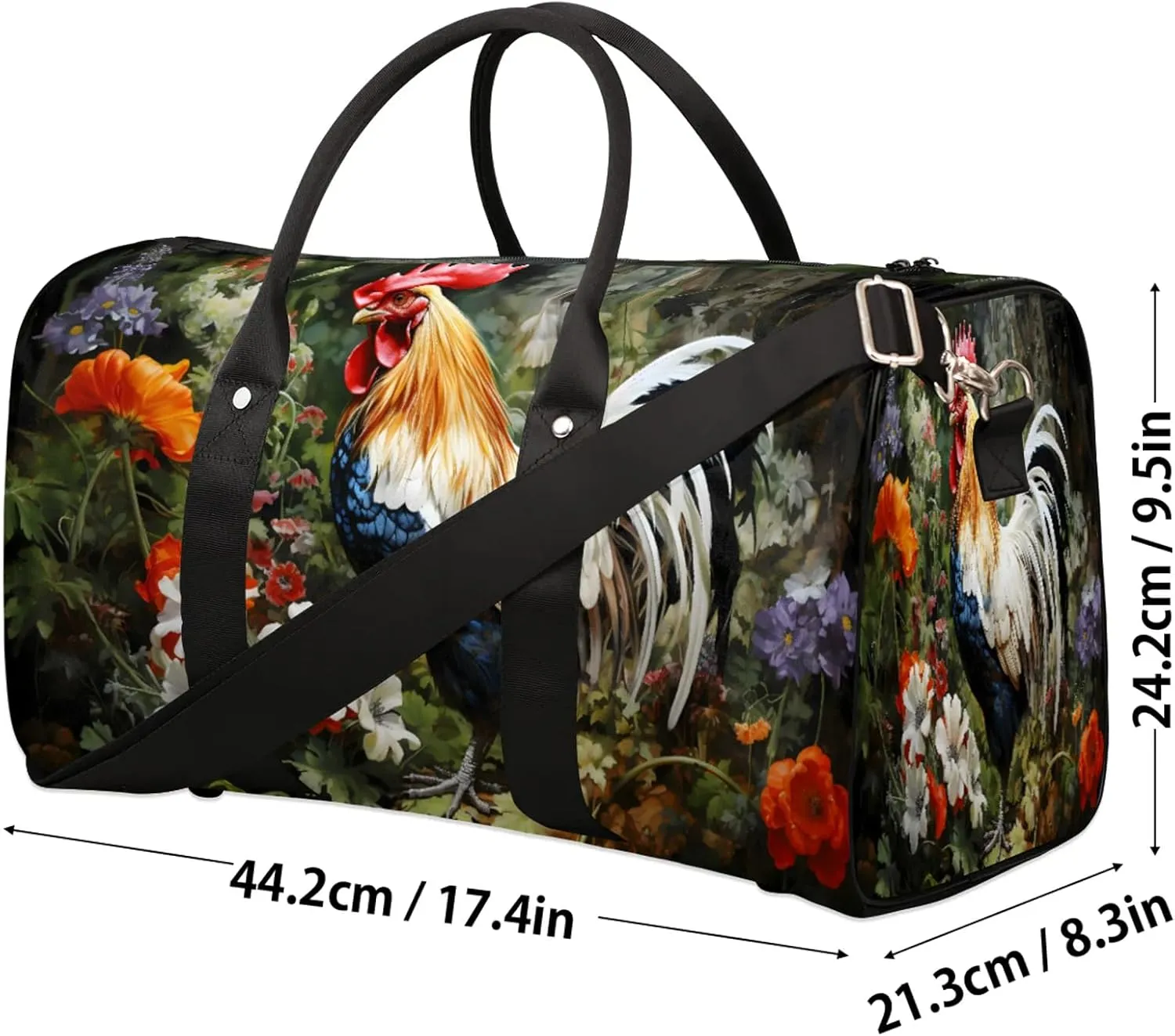 Rooster Spring Flowers Travel Duffle Bag, Sports Gym Bags for Women Men, Carry On Weekender Overnight Workout Airplane Trips Bag