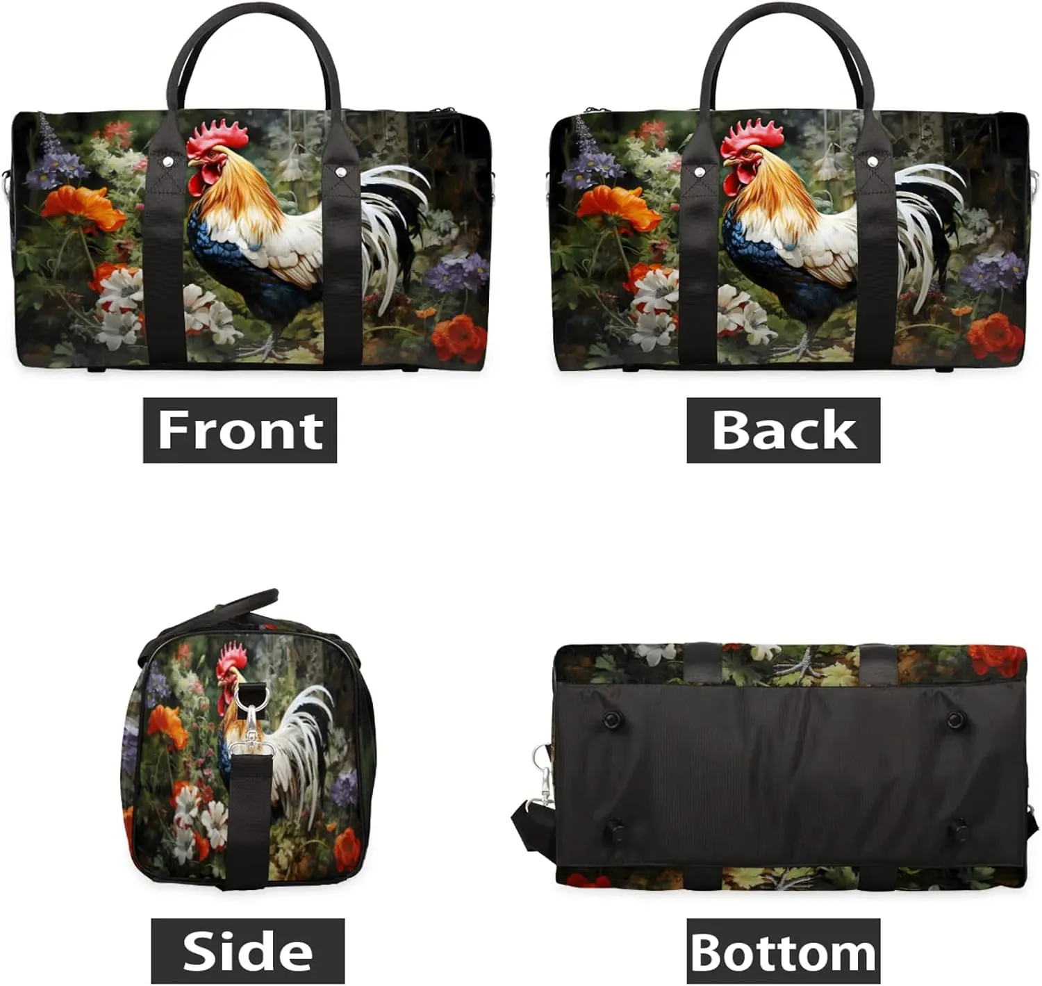 Rooster Spring Flowers Travel Duffle Bag, Sports Gym Bags for Women Men, Carry On Weekender Overnight Workout Airplane Trips Bag