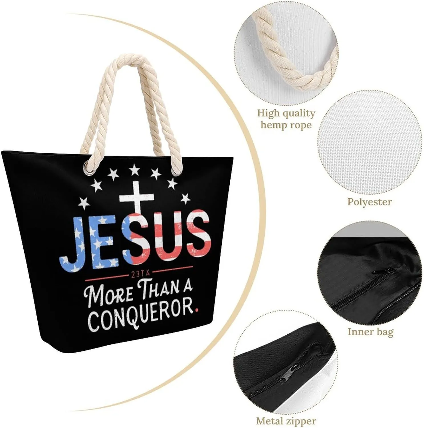 Rope Bag Women Men Beach Tote Bag with Hemp Rope Handle Top Zipper Boat Bag Large Capacity Handbag