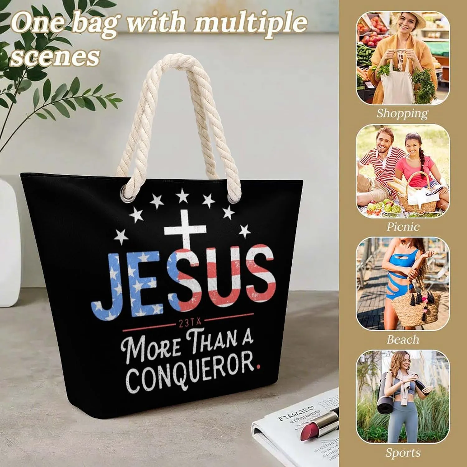 Rope Bag Women Men Beach Tote Bag with Hemp Rope Handle Top Zipper Boat Bag Large Capacity Handbag