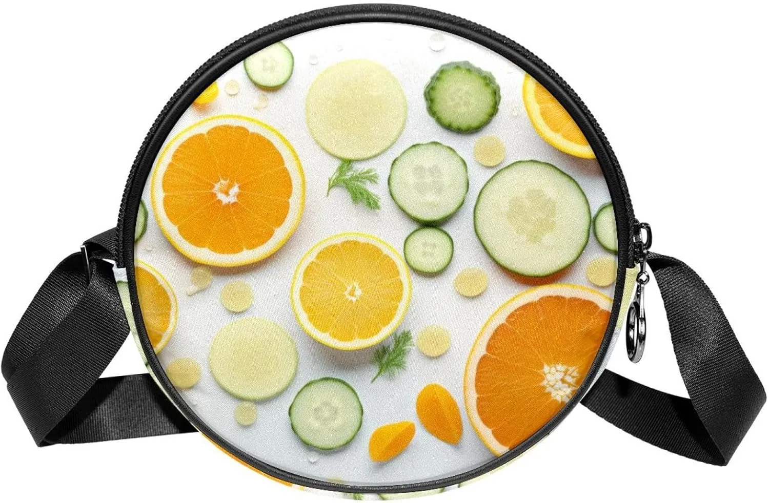 Round Crossbody Bags for Traveling, Womens Purses, Orange Cucumber and Leaf
