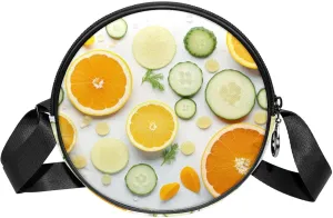 Round Crossbody Bags for Traveling, Womens Purses, Orange Cucumber and Leaf