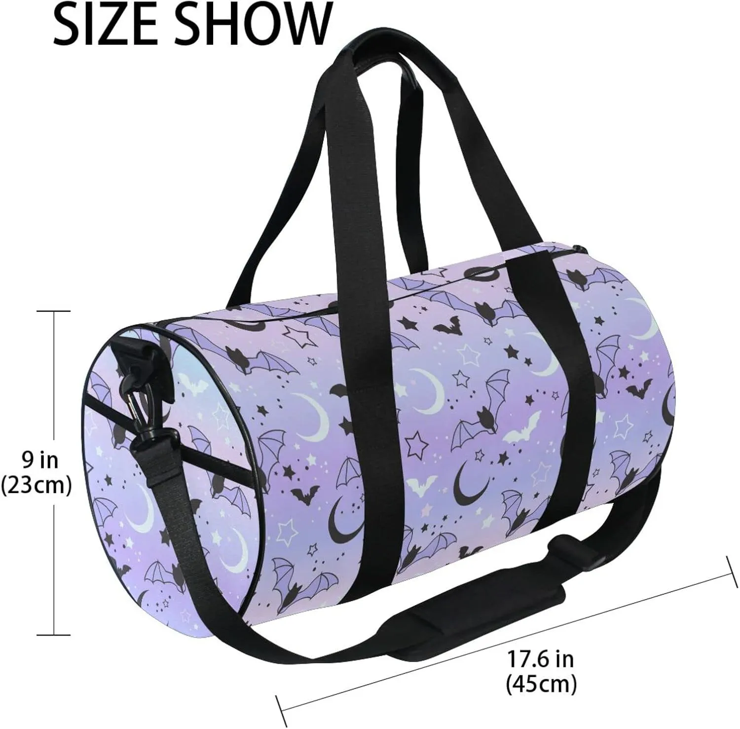 Round Duffel Sports Bag Purple Bat Moon Lightweight with Inner Pocket Gym Bag for Men Women Duffle Bag for Travel Sports