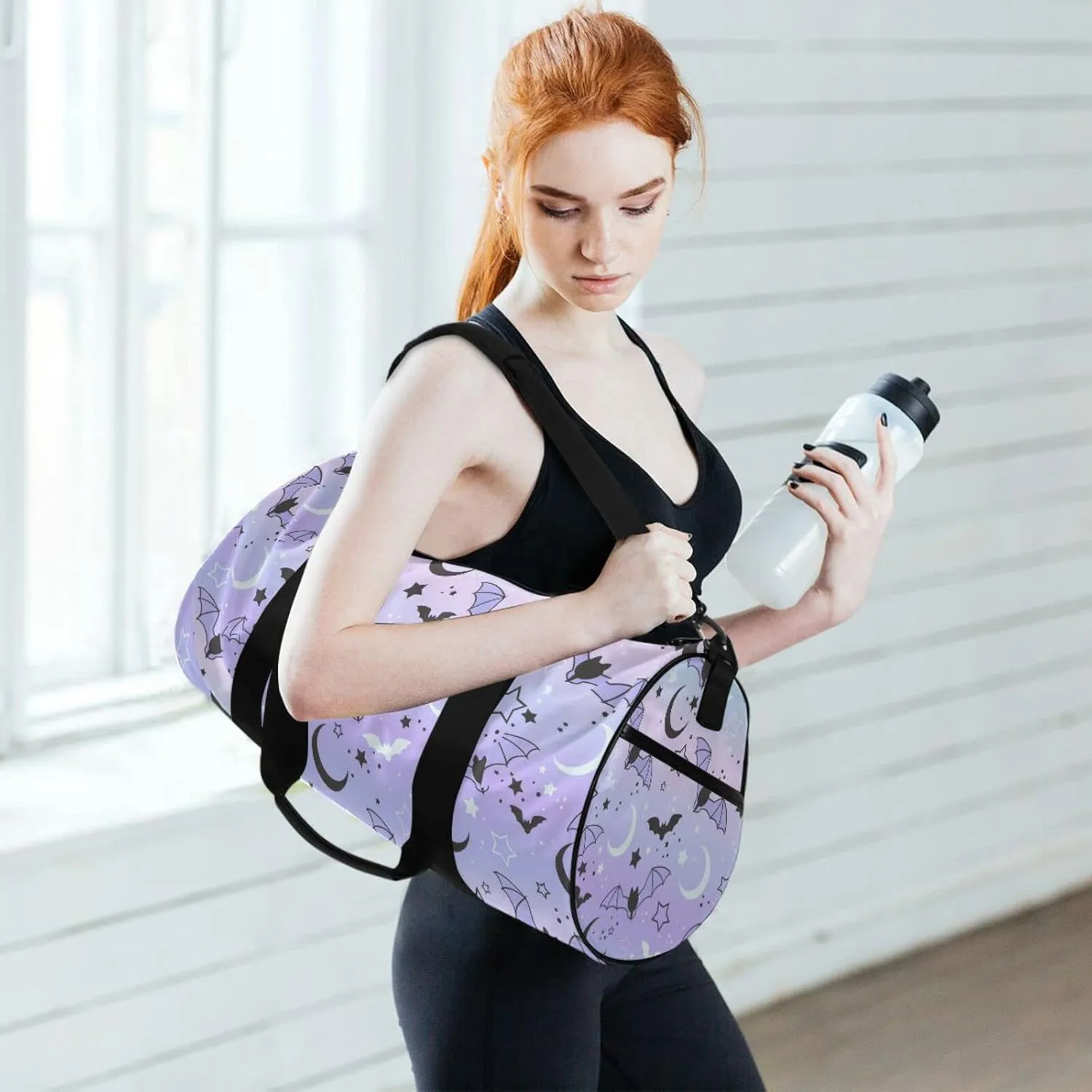 Round Duffel Sports Bag Purple Bat Moon Lightweight with Inner Pocket Gym Bag for Men Women Duffle Bag for Travel Sports