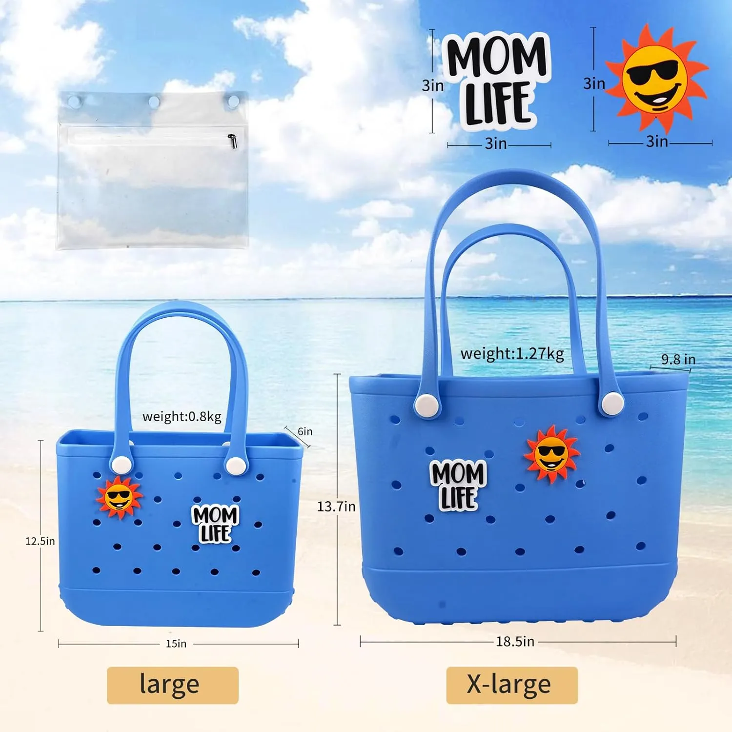 Rubber Beach Tote Bag - Waterproof Washable Durable Open Purses with Zipper Pocket and Phone Pouch for Pool Boat