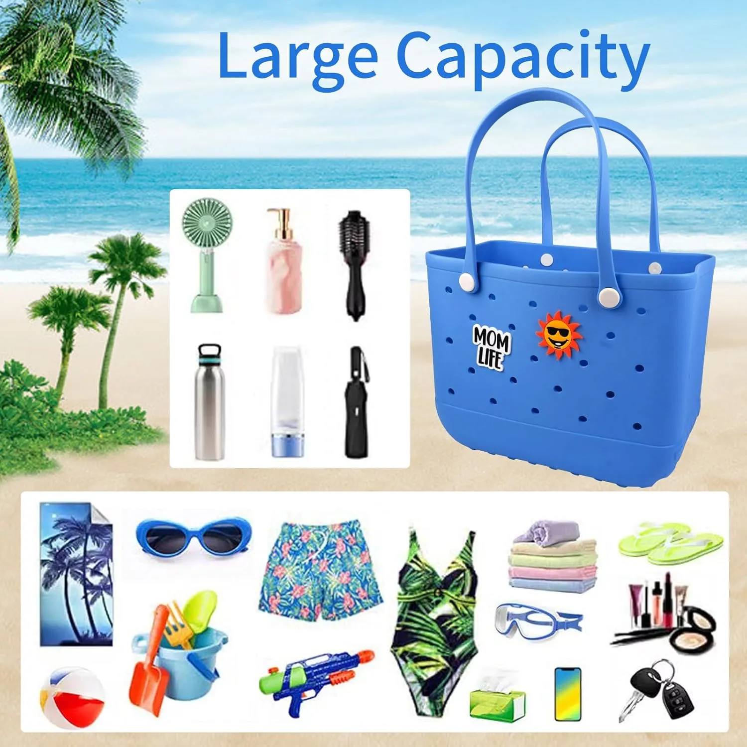 Rubber Beach Tote Bag - Waterproof Washable Durable Open Purses with Zipper Pocket and Phone Pouch for Pool Boat