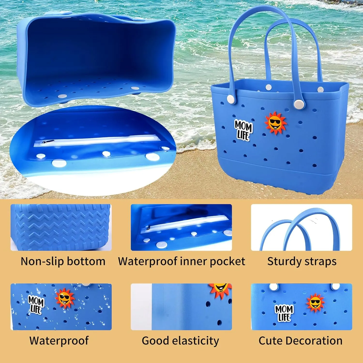 Rubber Beach Tote Bag - Waterproof Washable Durable Open Purses with Zipper Pocket and Phone Pouch for Pool Boat