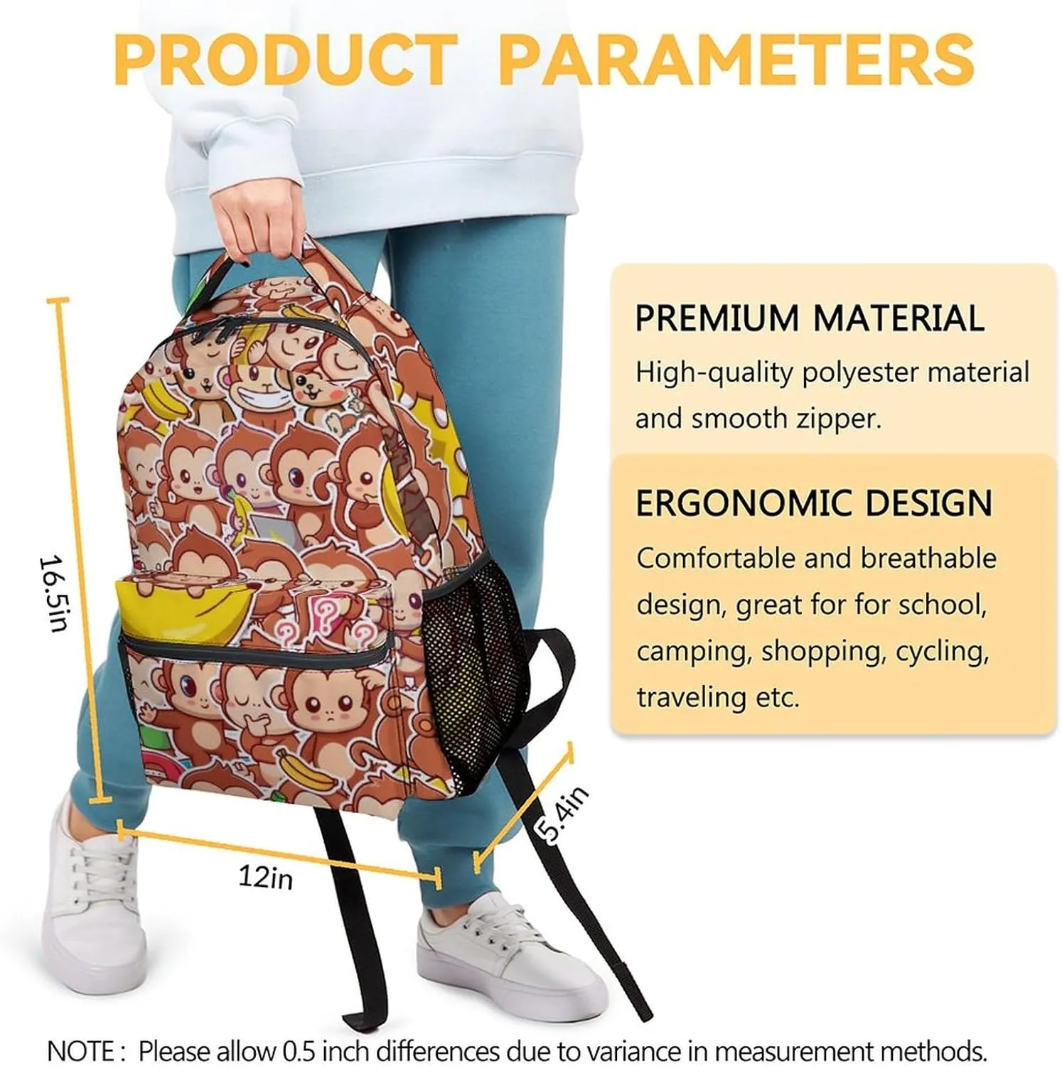 School Backpack for Girls Boys - 17 Inch Cute Backpacks for Monkey Lovers - Brown Lightweight Durable Bookbag for Elementary School