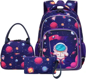 School Backpack Kids Bookbag Set-with Lunch Bag & Pencil Case Elementary Primary School Supplies for Girls Large Capacity Light Weight Backpack with Lunch Box (Pink Space)