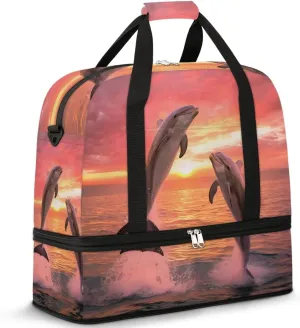 Sea Jumping Dolphin Travel Duffel Bag for Women Men Weekender Overnight Bag with Shoe Compartment Foldable Sports Gym Luggage Bag