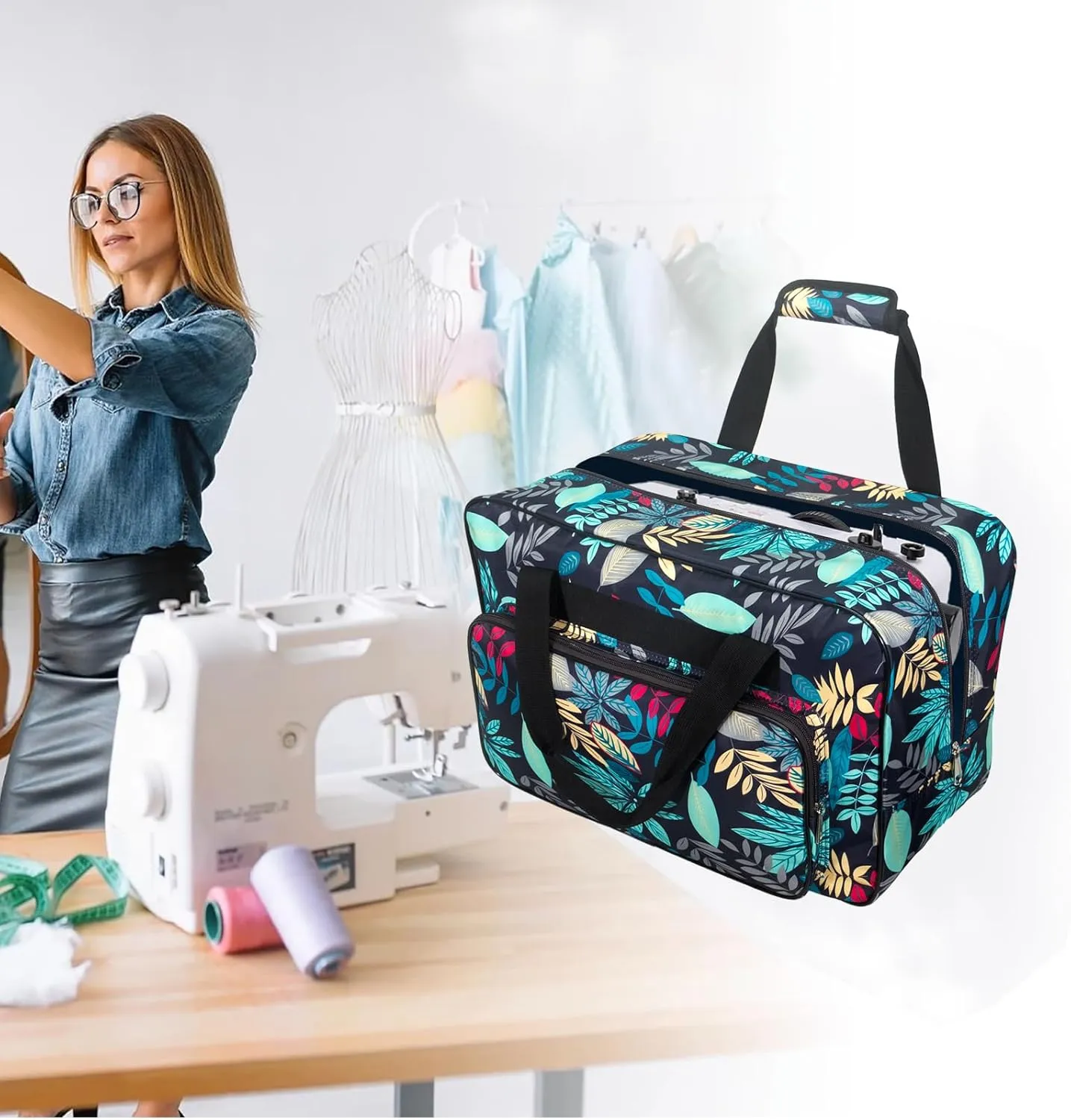 Sewing Machine Carrying Case，Sewing Machine Carrying Case Tote Bag，Universal Tote Storage Bag with Pockets and Handles, Suitable for Most Standard Singer, Janome (Blue)