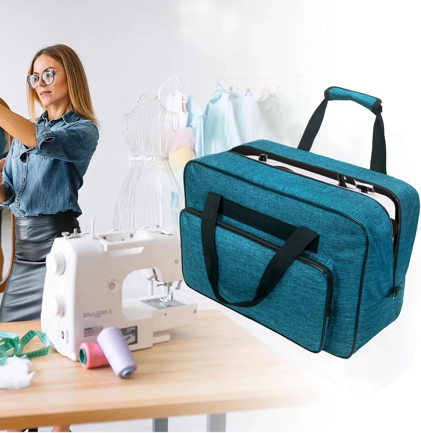 Sewing Machine Carrying Case，Sewing Machine Carrying Case Tote Bag，Universal Tote Storage Bag with Pockets and Handles, Suitable for Most Standard Singer (PEACOCK BLUE)