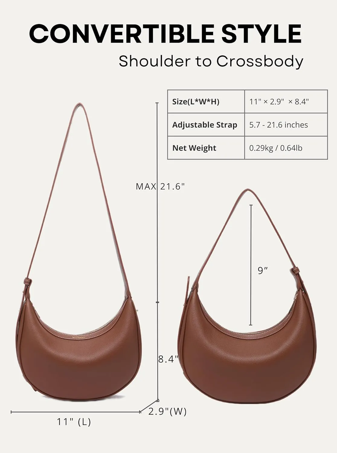 Shoulder Purses for Women Leather Crescent Handbag Mini Clutch Purse with Adjustable Strap Zipper Closure