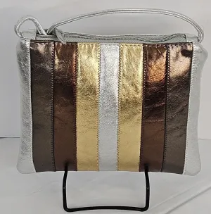 Silver metallic with pewter,bronze,gold,mix color Zigzag stich Crossbody, Handbag #TR3302Spbg-Z,Purses Genuine Leather. Made in USA.