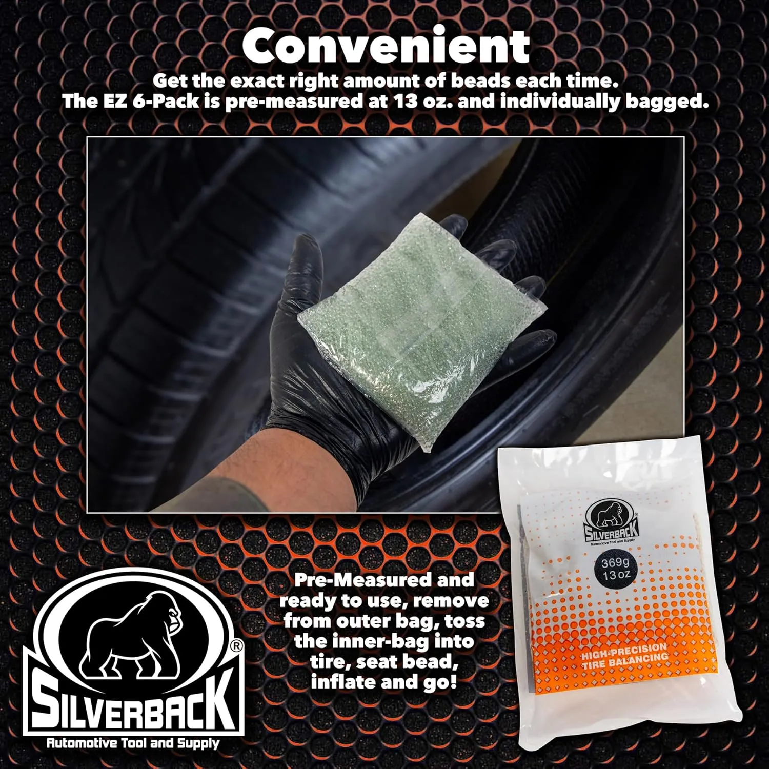 Silverback Automotive EZ 6-Pack Balancing Beads, 13 oz. Insert Bags. Ideal for Tire Dealers, Fleet Vehicles, Trucks, Vans, RVs, and Off-Road Tires