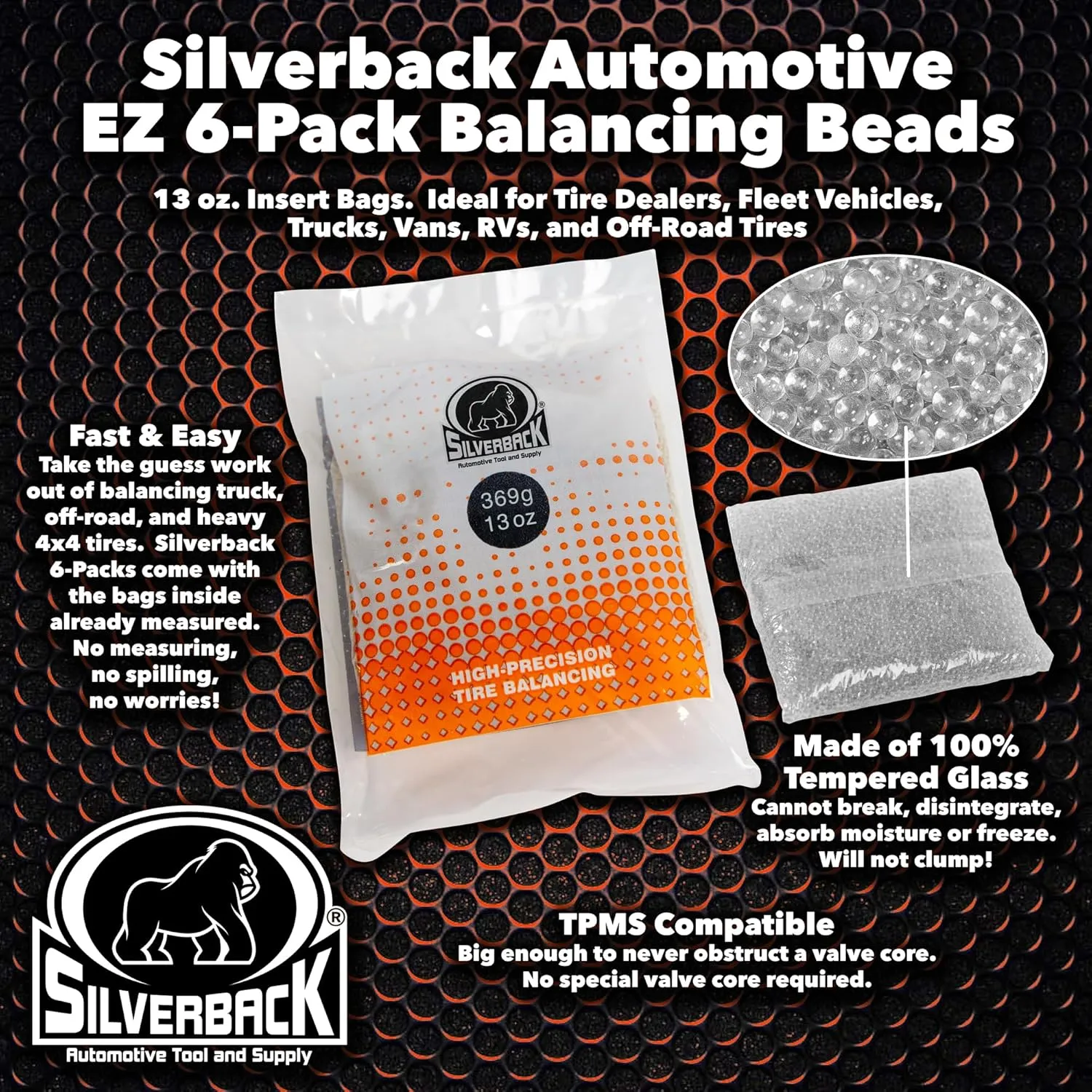 Silverback Automotive EZ 6-Pack Balancing Beads, 13 oz. Insert Bags. Ideal for Tire Dealers, Fleet Vehicles, Trucks, Vans, RVs, and Off-Road Tires